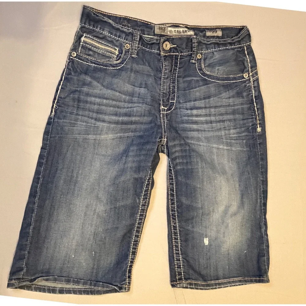 BKE Tyler Mens‎ Denim Shorts Size 29 Medium Wash Distressed Contrast Stitch